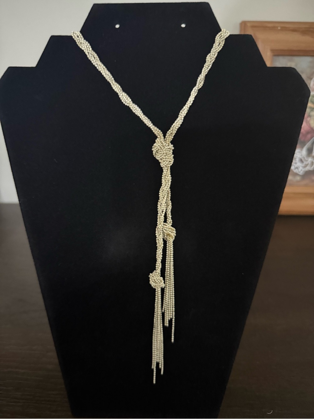 Gold-Tone Knotted Bead Necklace with Tassel Drops